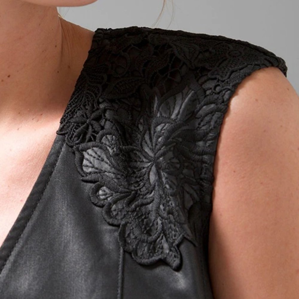 WHBM NWT WITH POCKETS! WASHABLE Coated Denim Lace Dress Faux Leather - Picture 7 of 10